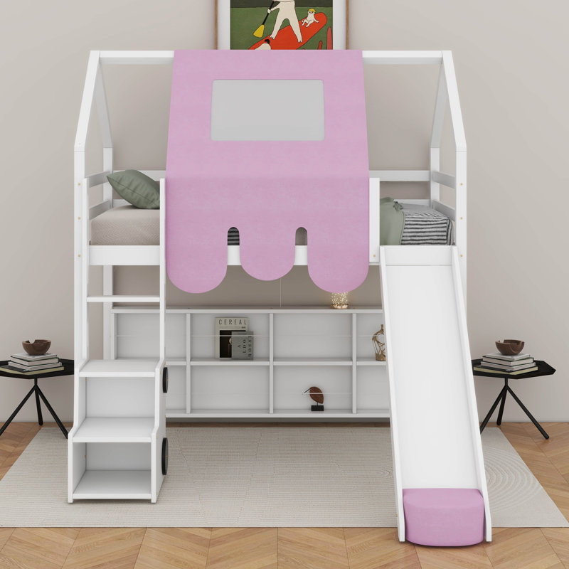 Cadre de lit mezzanine en bois avec tente, Lit simple, Blanc / Rose