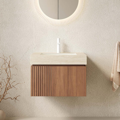Meuble-lavabo flottant avec plateau en pierre frittée Roma Travertine et rangement à fermeture en douceur