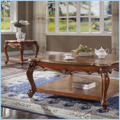 Table basse en chêne Honey avec pieds Queen Anne - dessus festonné Tablette de rangement pour le salon