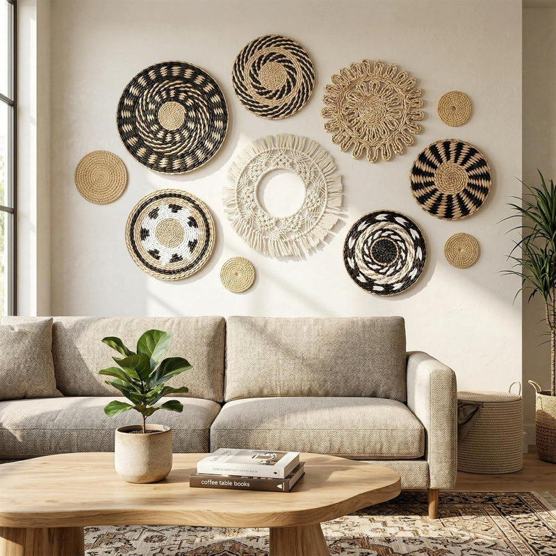 11 paniers muraux décoratifs bohèmes, suspensions murales en jonc tressé, paniers décoratifs en osier de différentes tailles, napperons pour la cuisine, décoration rustique pour la maison (style bohème)