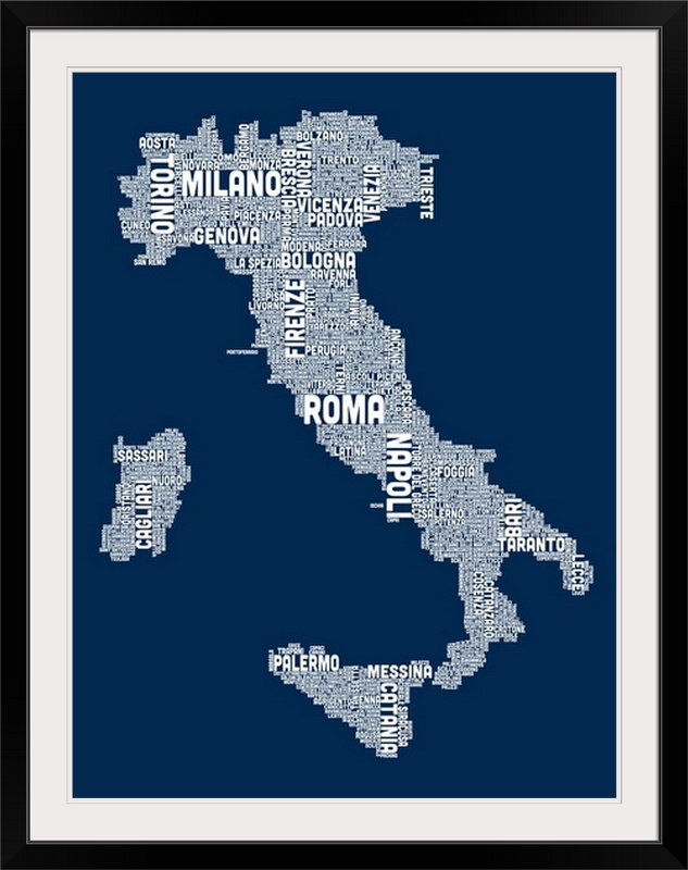 Art textuel de Francy, «Italian Cities Map» par Abarca, l 44 po x P 35 po x H 1 po, Cadre noir