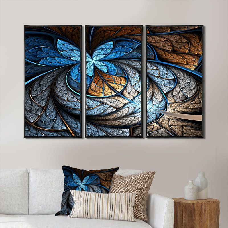 Motif de fleur bleue et bleue fractale - ensemble de 3 toiles encadrées florales, H 32 po x l 48 po x P 1 po, Cadre noir
