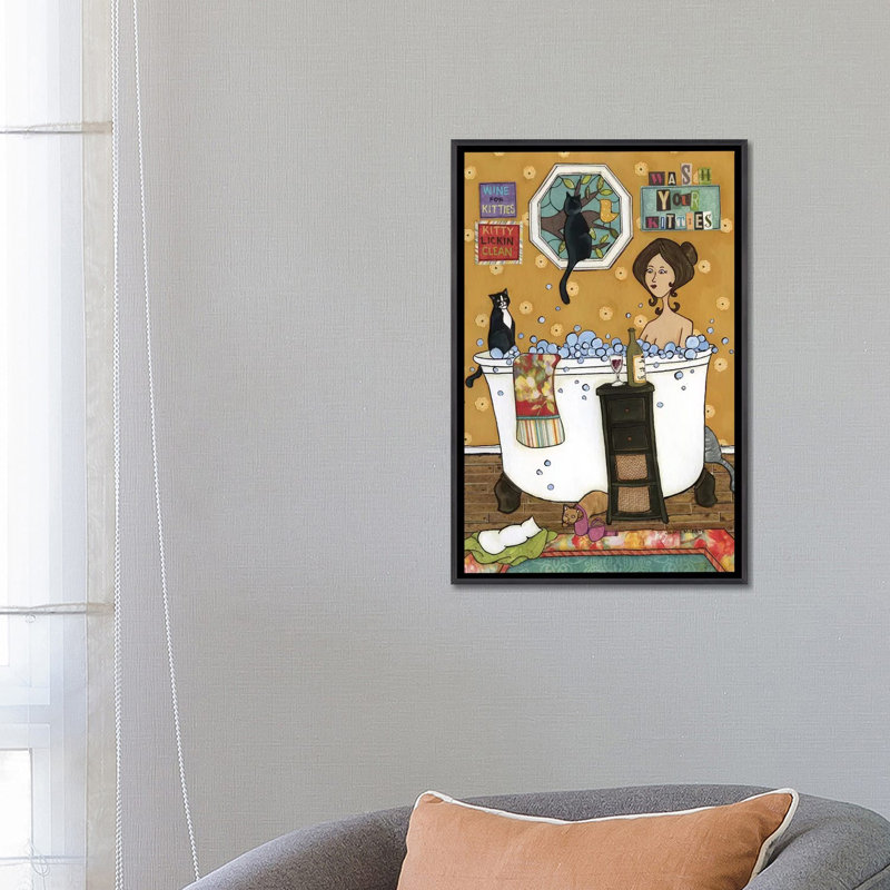 « Wash your kitties » par Jamie Morath-impression, H 26 po x l 18 po x 1,5 po, Toile avec cadre noir patiné, Pas de tapis
