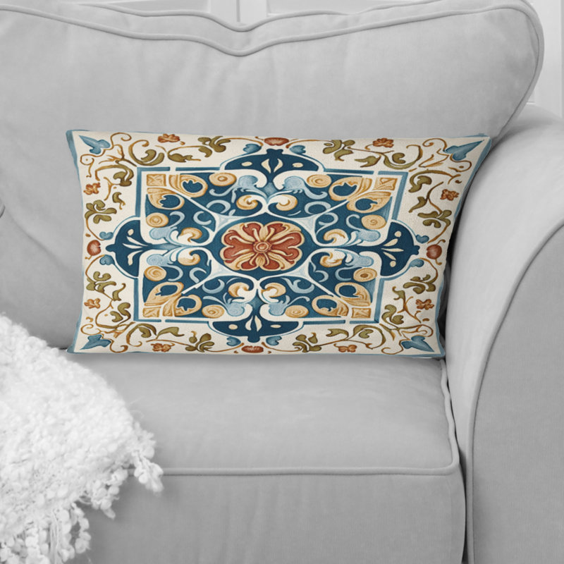Mediterranean Tiles In Retro Blue VIII - Abstract Tile Printed Throw Pillow