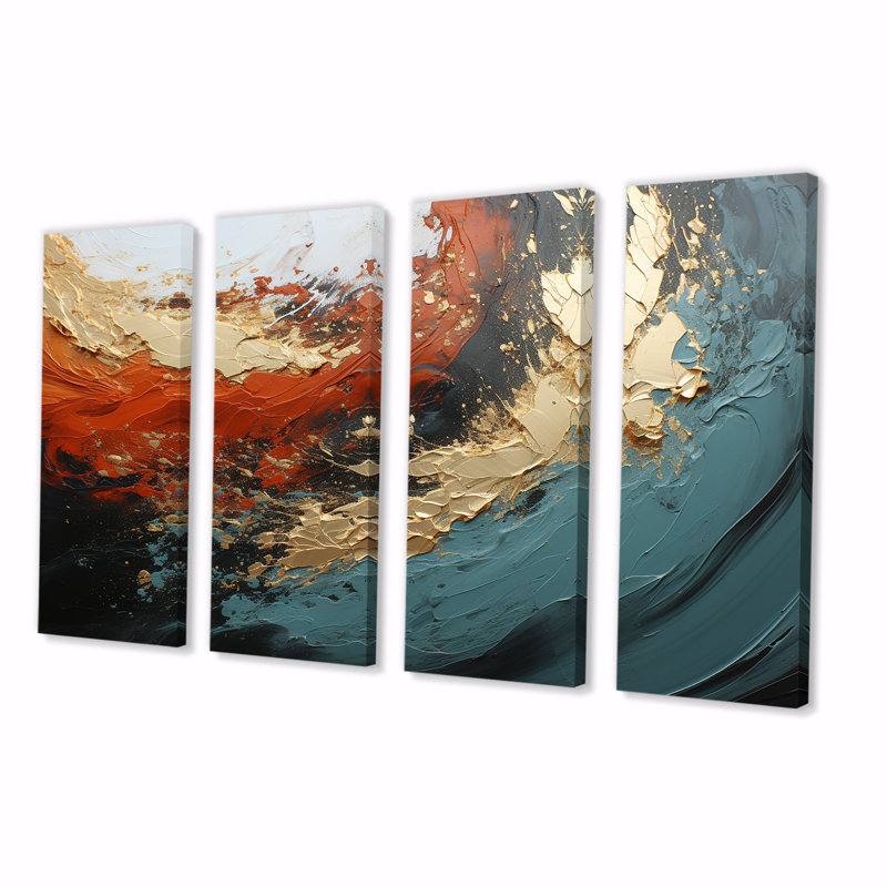 «Orange and Gold Marble Lava I», art abstrait, 4 pièces, H 28 po x l 48 po