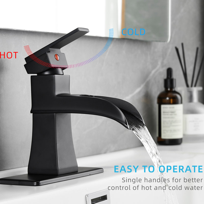 Robinet de salle de bain contemporain - Cascade noire avec conduites d'alimentation, drain escamotable, fixation sur le comptoir, une poignée, noir mat, finition de robinet moderne sur le côté
