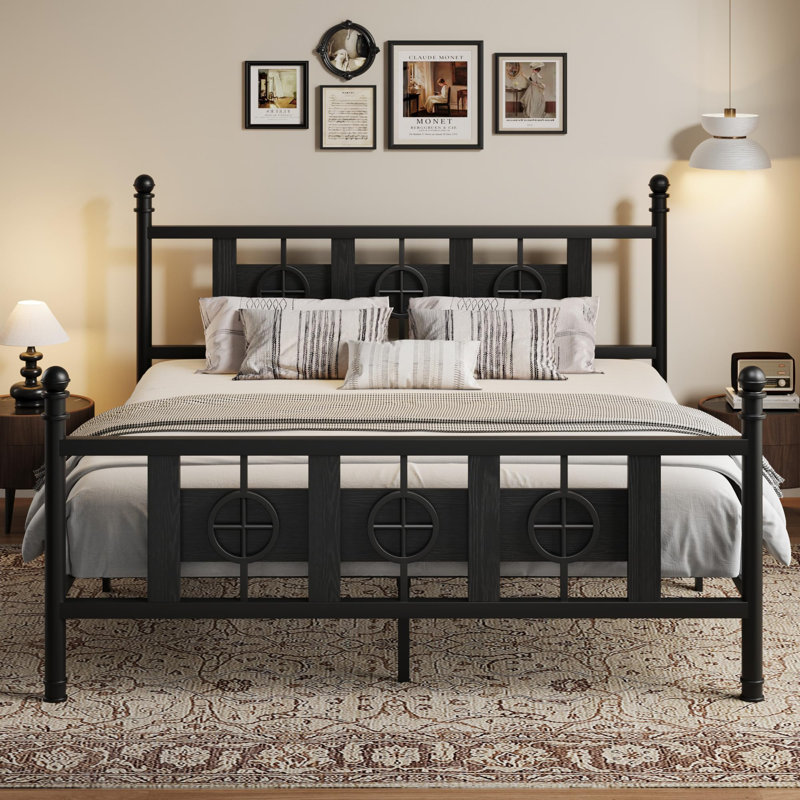 King Size Sturdy Metal Bed Frame with Vintage Circular Design with Headboard & Footboard – Ample Under Bed Storage,Noise-Free, No Box Spring Needed – Black