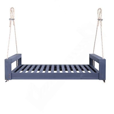 Twin Size Porch Swing Bed Seating Group, Patio Acacia Wood Swing Frame With Hemp Ropes For Garden, Backyard, Gray