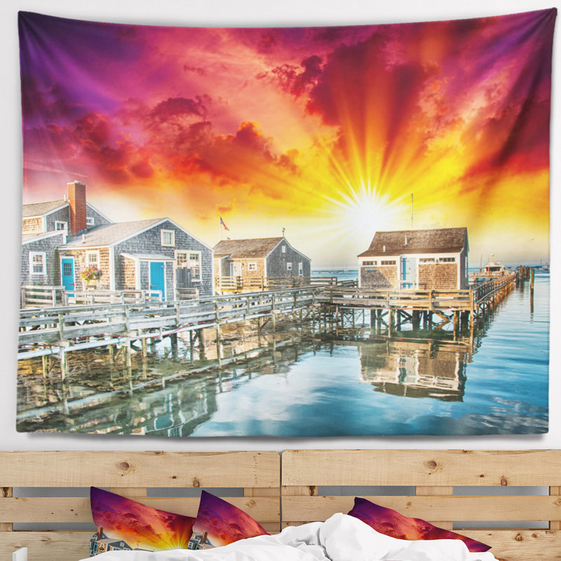 Tapisserie paysage maisons en bois au coucher du soleil, H 32 po x l 39 po