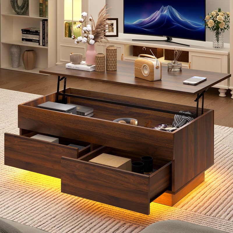 Aviad Lift Top Coffee Table with Multifunctional RGB LED Lights, Hidden Compartment and Drawers, Walnut