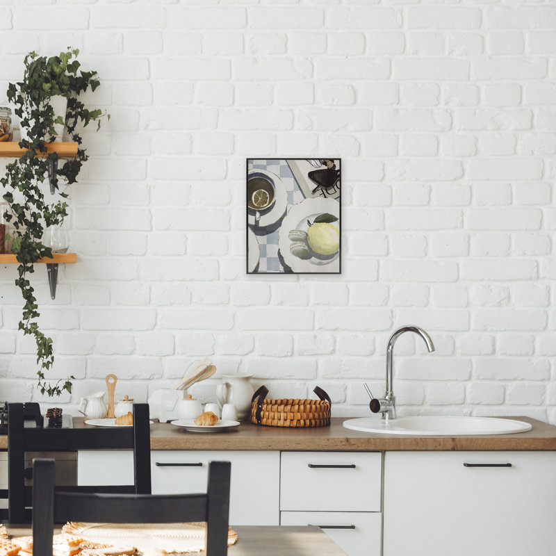 Giclée italienne de table de café italien du matin, design par Anna Lischenko, H 14 po x l 11 po, Giclée encadrée noir minuit