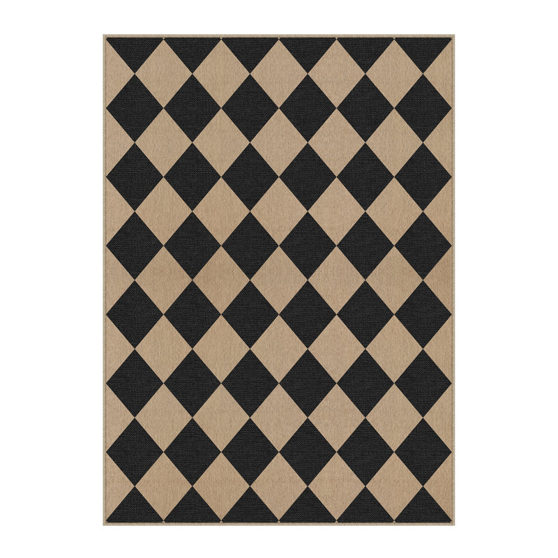 Tapis intérieur / extérieur en lin à motif de losanges lavables avec envers antidérapant Amelia, noir / brun