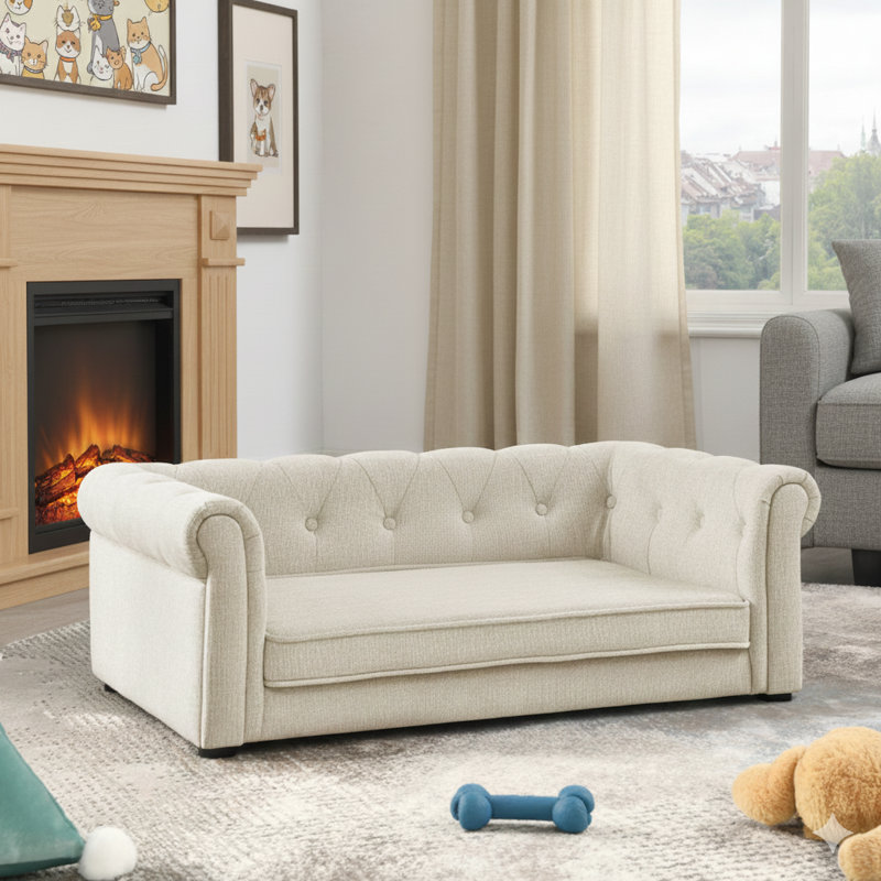 Élégant lit pour animal de compagnie rectangulaire conçu pour les chiens de petite et moyenne taille, canapé pour chien surélevé durable, canapé pour chien moelleux, canapé pour chien contemporain et élégant - beige