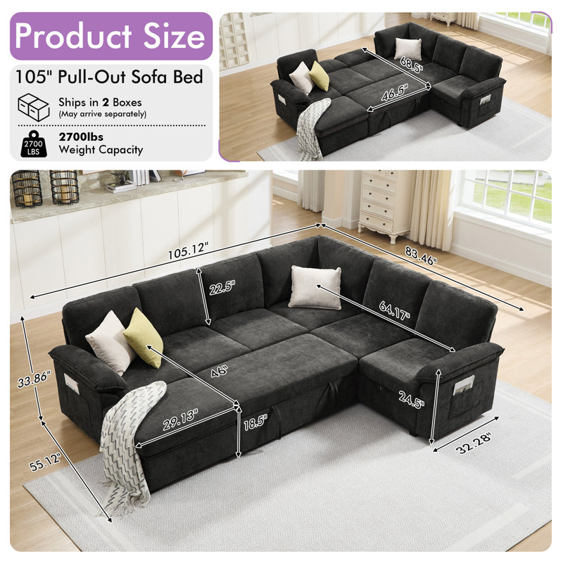 U-Shaped Sleeper Sectional Sofa Bed with Pull-Out Bed and Storage for Living Room ,Dark Gray, Gray