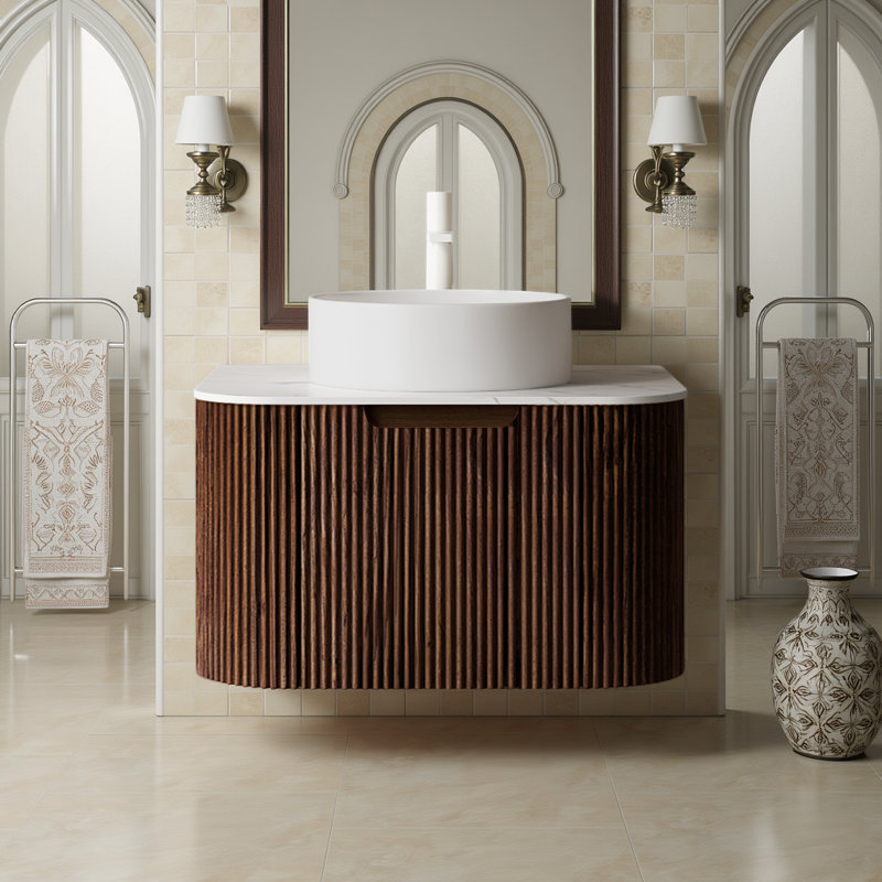 Meuble-lavabo flottant - vasque en céramique blanche, plateau en marbre et armoire à rayures 3D, sans robinet, Brun, 24"