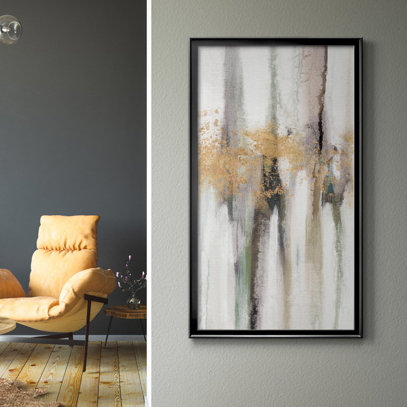 Falling Gold Leaf II - Peinture sur toile encadrée, Toile avec cadre noir, H 22,5 po x l 42,5 po x P 1,5 po