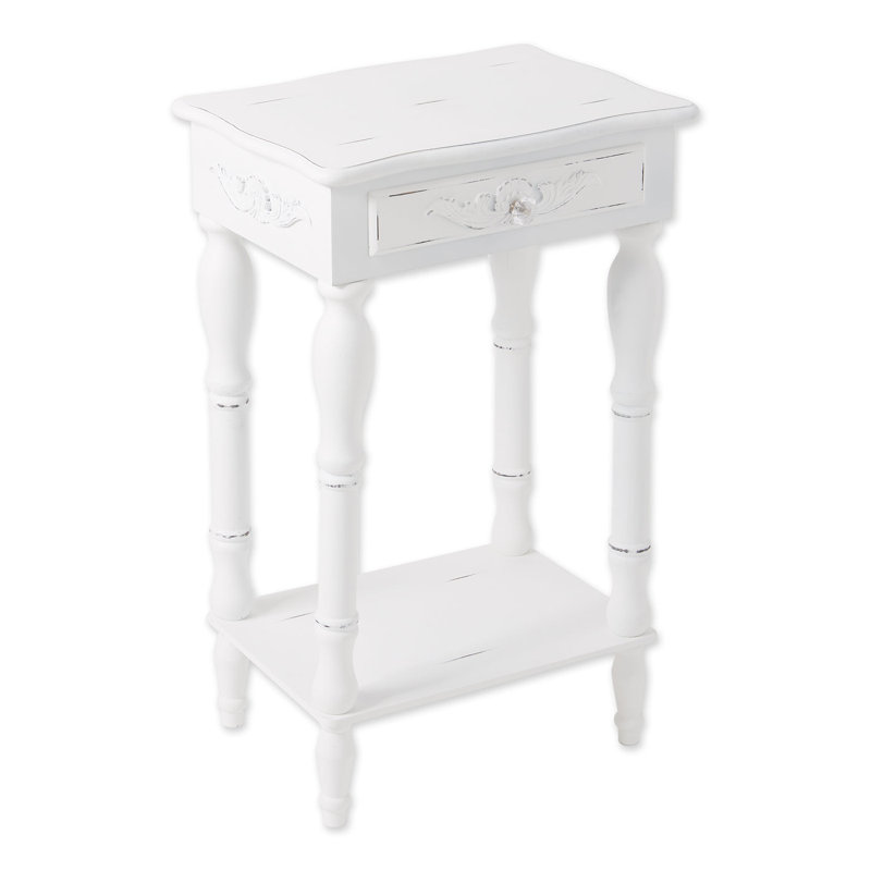 Carved White Side Table | Distressed Wooden Round End Table, White