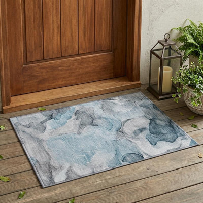 2' X 3' Teal Abstract Washable Non Skid Indoor Outdoor Area Rug