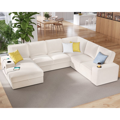 Canapé modulaire Glendora de 112 po avec chargement USB, rangement pour chaise longue et porte-gobelets