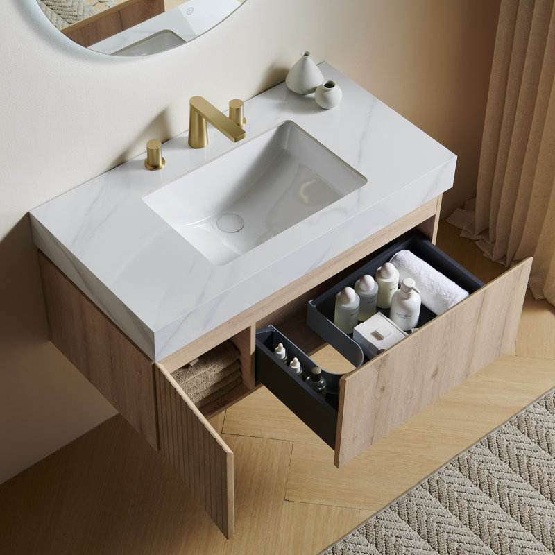 Muri 36" Bathroom Vanity&Sink, Floating Plywood Storage Cabinet With Drawer&Door, Carrara White Sintered Stone Top&Ceramic Basin With 3 Pre-Drilled Faucet Holes, Pre-Assembled, White Oak Woodgrain