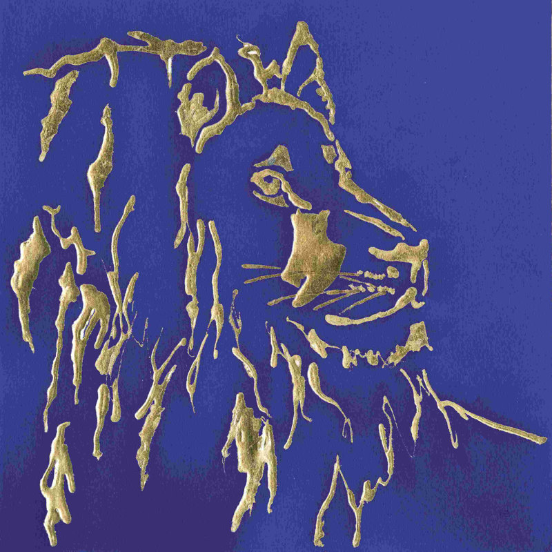 Lion doré indigo, H 12 po x l 12 po, Indigo