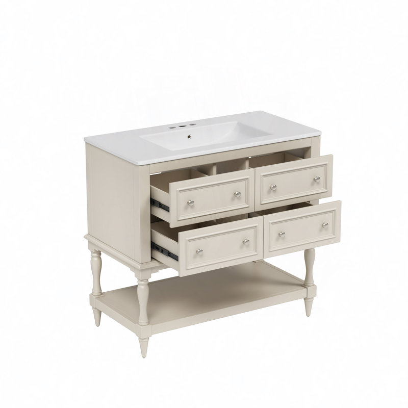Ensemble de meuble-lavabo avec lavabo, lavabo en céramique encastré, ensemble de meuble-lavabo autoportant avec 4 tiroirs, armoire de salle de bain avec cadre en bois massif