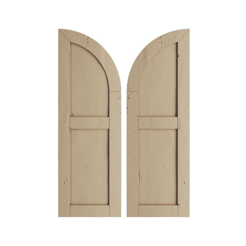 Timberthane Two Equal Flat Panel w/Quarter Round Arch Top Shutters, 15" W, Knotty Pine Texture (Primed Tan), 48" H