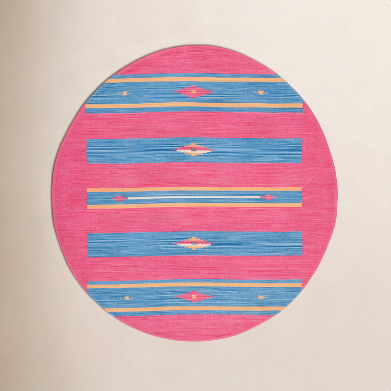 Danely Handmade Flatweave Cotton Pink/Blue/Yellow Area Rug, Round 6'