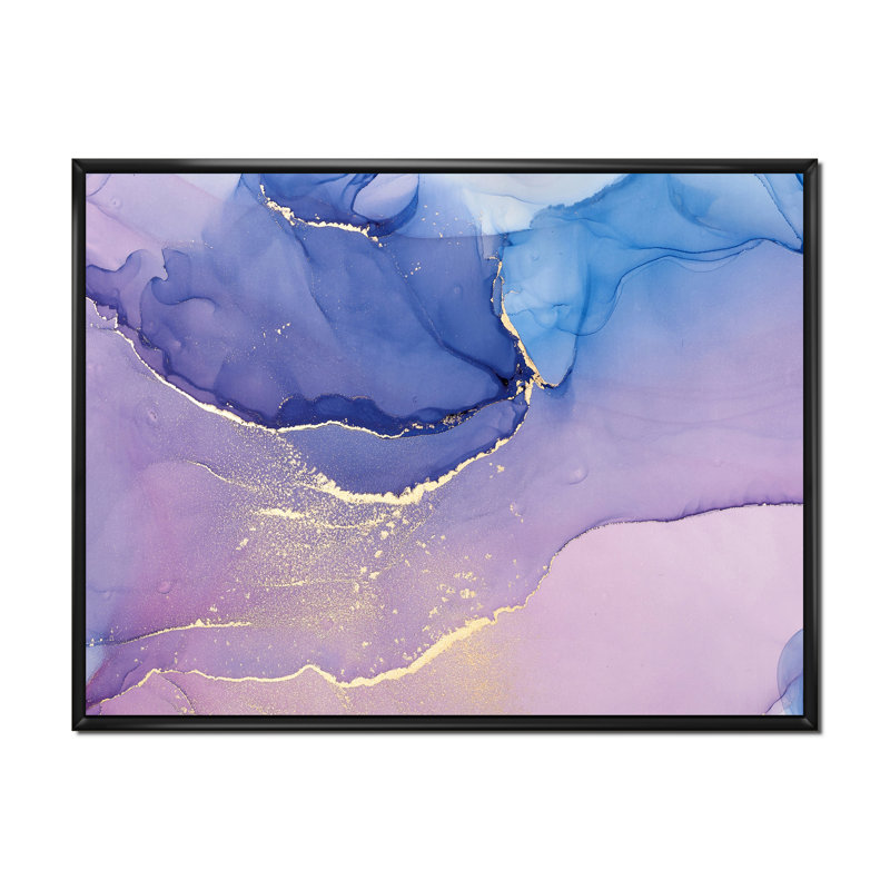 «Pink and Blue Ink Clouds III», peinture sur toile, H 34 po x l 44 po, Cadre flottant noir