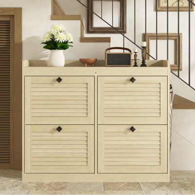 Grande armoire à chaussures à 4 tiroirs en rotin - Façade à persiennes - Tablette supérieure - Rangement de chaussures moderne et peu encombrant avec pieds en bois, multi-portes dissimulées pour le vestibule, le couloir, la chambre à coucher, le salon et le bois