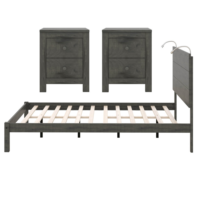 Grand lit plateforme avec 2 lumières de chevet et table de chevet 2 tiroirs, Gris antique