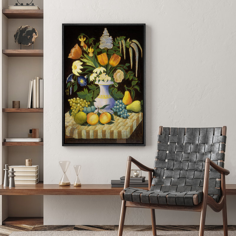 Bouquets de fleurs vertes rétro et illustrations de fruits, décor champêtre français rustique, Noir, H 24 po x l 16 po