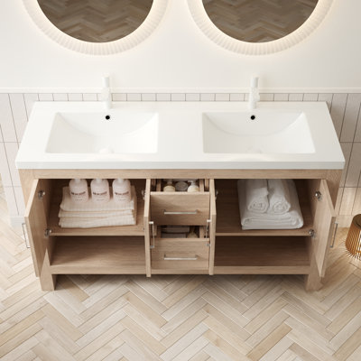 Meuble-lavabo de 60 po avec éviers Lucci, armoire de rangement autoportante en contreplaqué avec 2 tiroirs, 4 portes et une tablette ouverte, lavabo intégré en acrylique sans robinet, grain de bois de chêne clair