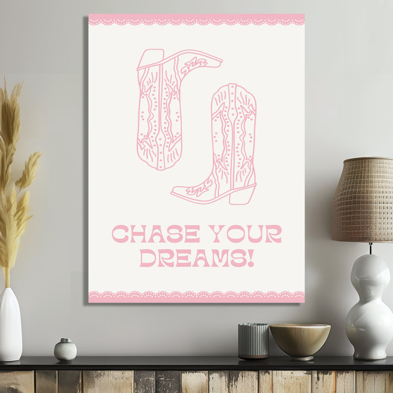 Illustration de bottes de cow-boy «Chase Your Dreams» - Décoration murale de cow-filles, H 44 po x l 34 po x P 1,5 po