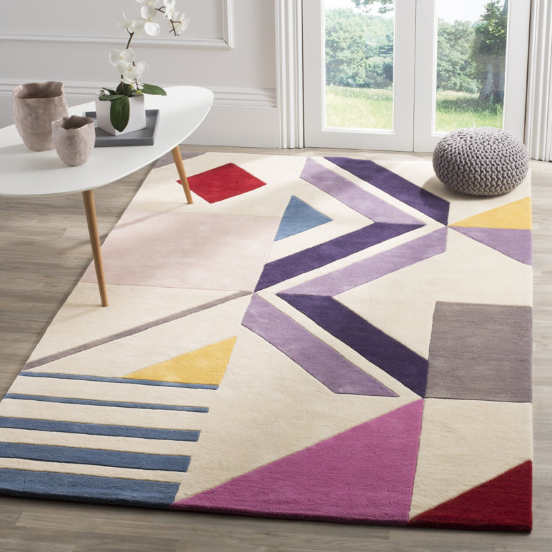 Tapis ivoire / mauve / bleu en laine touffeté à la main Harsirat, Rectangle 5 pi x 8 pi