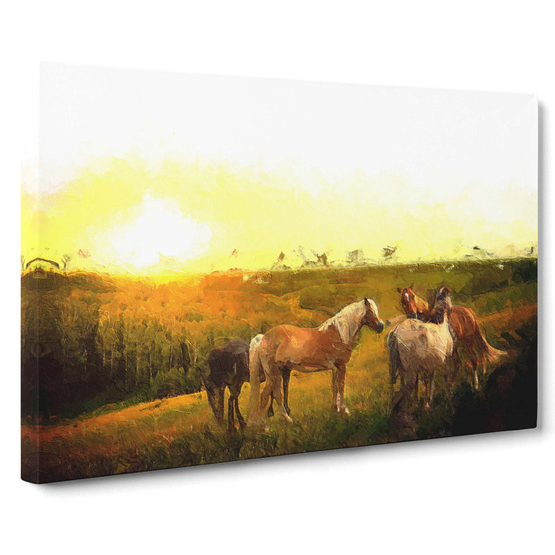 Sunset Over The Horses - Wrapped Canvas Painting, 35cm H x 50cm W x 3cm D