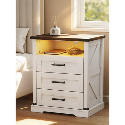 Table de chevet intelligente avec station de charge, lumière DEL à capteur humain, 3 tiroirs et rangement ouvert, table de chevet de style campagnard pour la chambre à coucher et le salon