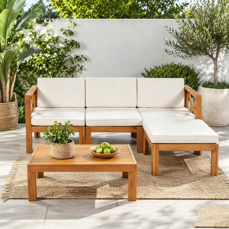 Ensemble de conversation modulaire 5 pièces avec coussins d'extérieur, Finition naturelle + coussins beiges