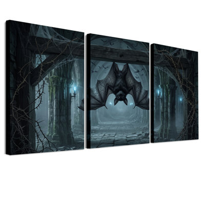 Chauve-souris noire suspendue dans une crypte en pierre, ensemble de 3 toiles murales d'Halloween