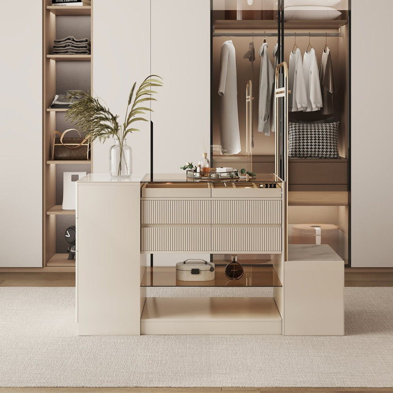Commode pour îlot de 60 po avec comptoir en verre, rangement pour bijoux, bar et banc 60 po Modern