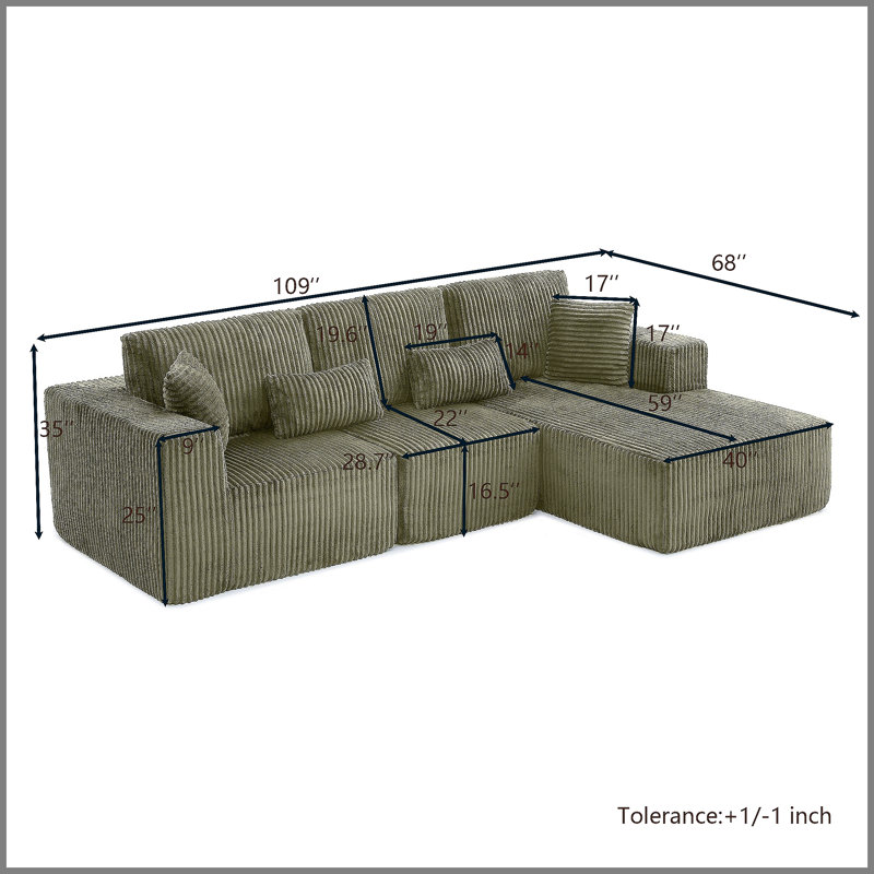 Canapé modulaire de 109 po, canapé modulaire Cloud avec assise profonde, canapé modulaire en L moderne avec méridienne droite, canapé rembourré pour salon, sans assemblage, (vert)