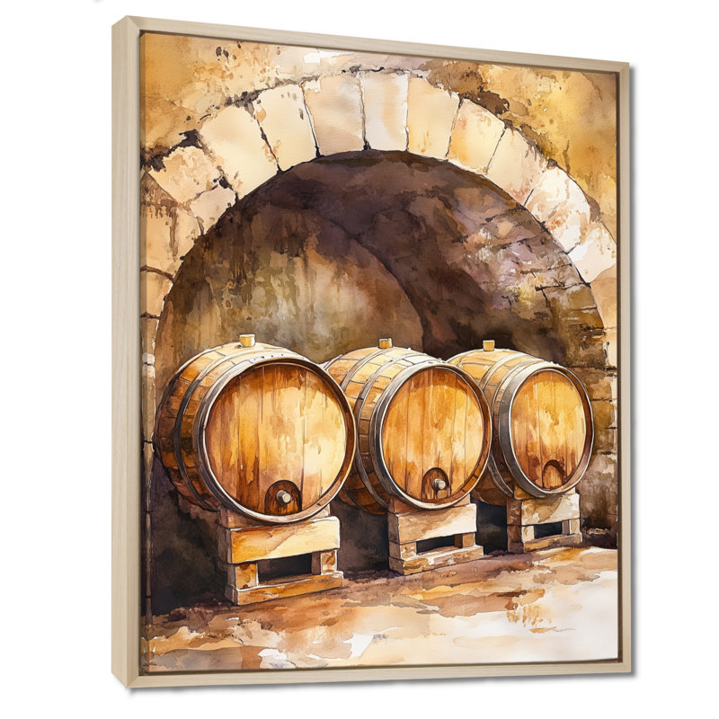 «Brown Barrels in the Old Wine Cellar», reproduction d'art encadrée de bar, H 32 po x l 24 po, Natural Floater Framed