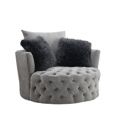 Sofia Swivel Accent Chair, Faux Fur Pillows, Light Gray Tufted Fabric