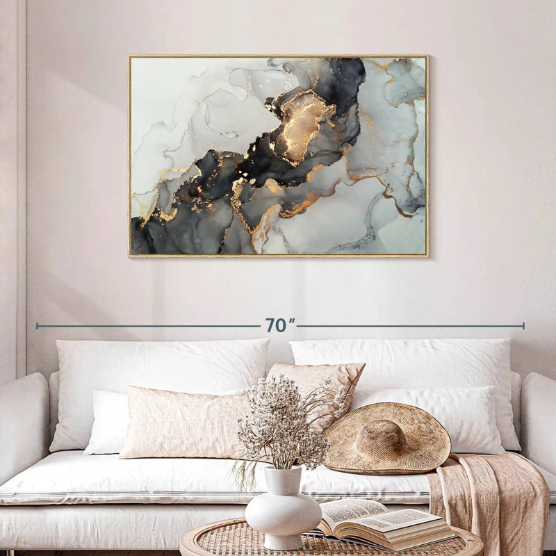 Éclaboussure noire et dorée, Cadre flottant en bois naturel, 43 po x 29 po
