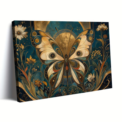 Horizontale Art déco, papillon, fleur sauvage, feuille d'or, bleu sarcelle foncé, fond texturé, impression sur toile, art mural, élégant, rétro, floral, décoration de chambre à coucher, peinture