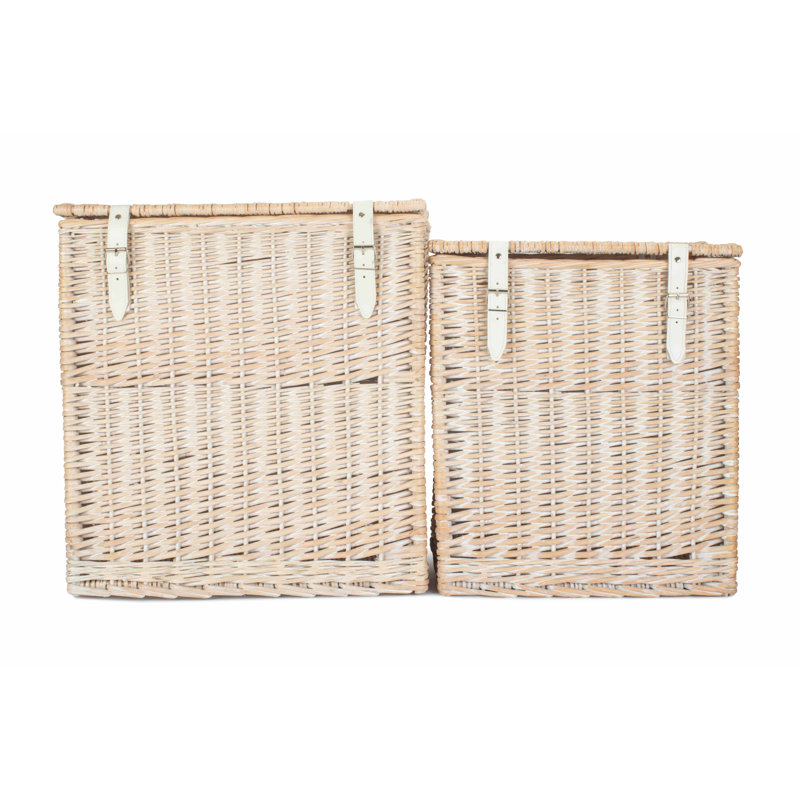 Wicker 2 Piece Vintner Storage Hamper Basket Set, White Wash