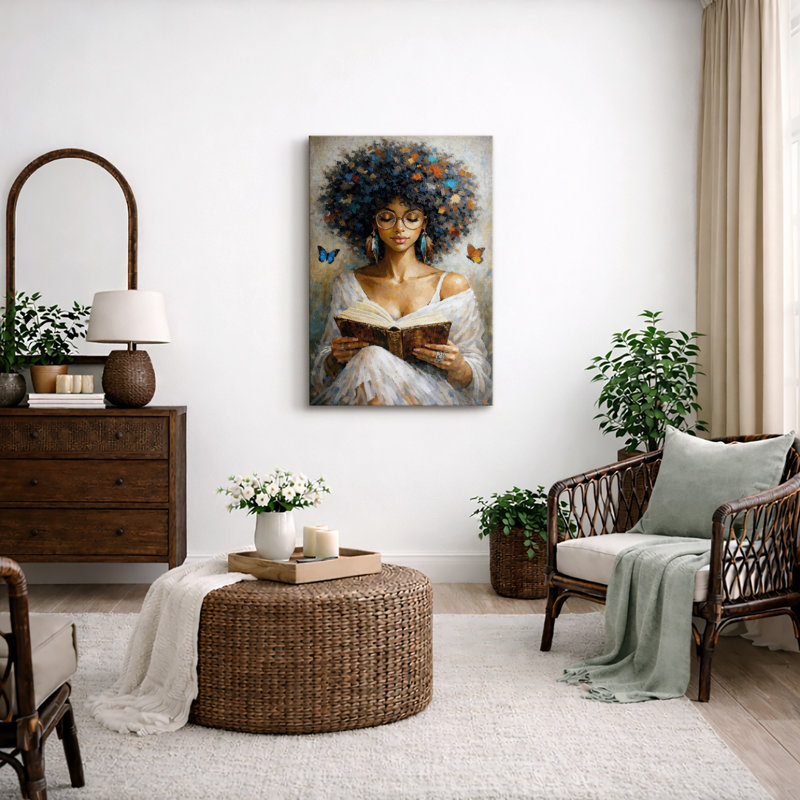 «Elegant Woman», lecture de livres avec papillons, art de chambre à coucher, impression sur toile encadrée, Toile tendue