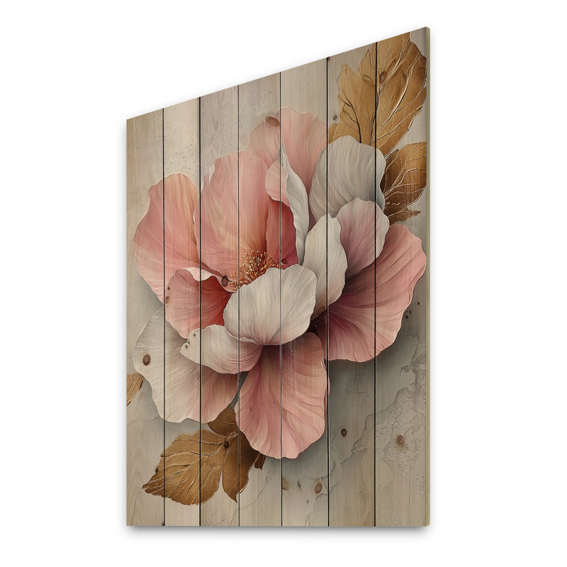 Pivoines élégantes II en marbre blanc et rose - décoration murale en bois de pivoines - sur bois de pin naturel