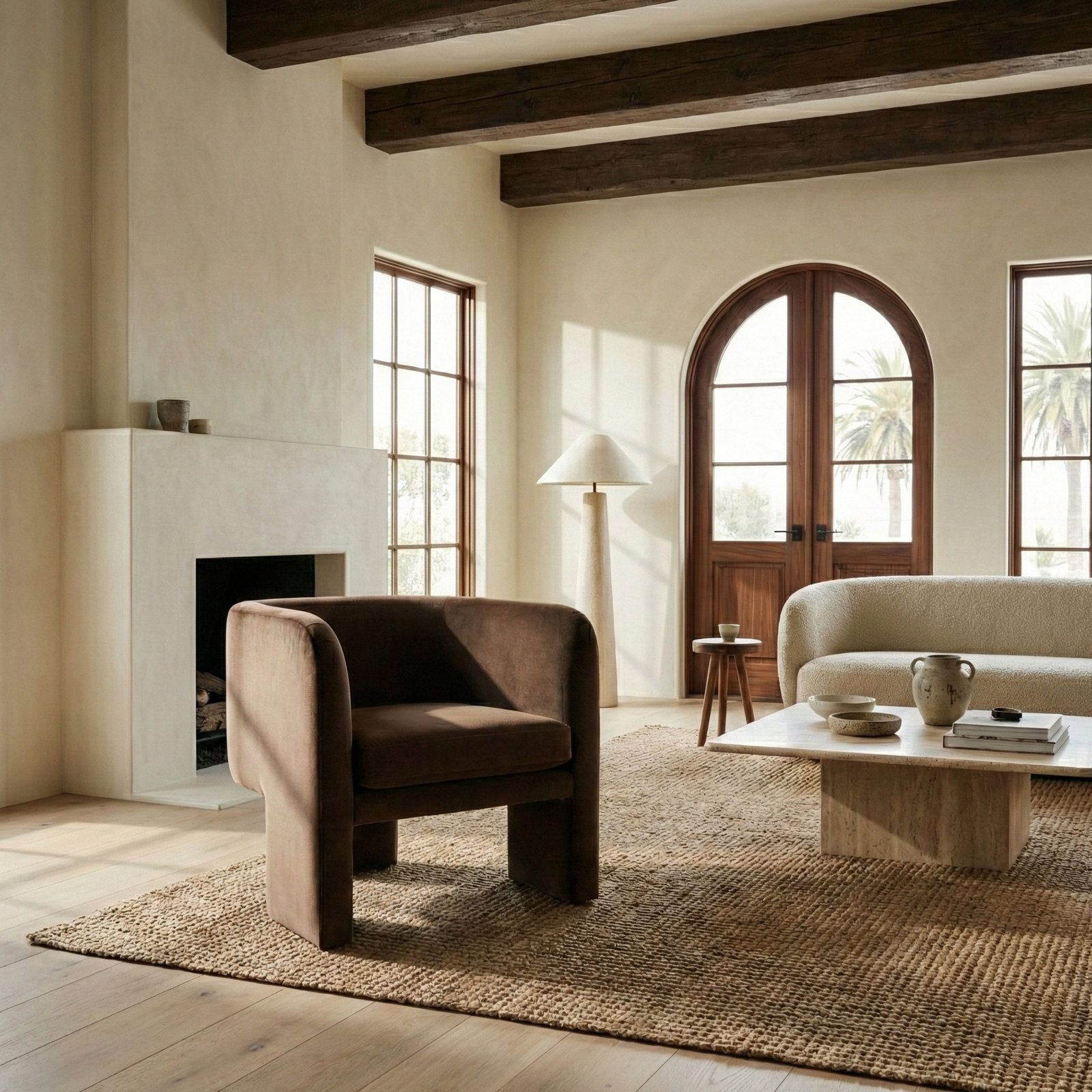 Ellum Linen Barrel Chair, Dark Brown Velvet