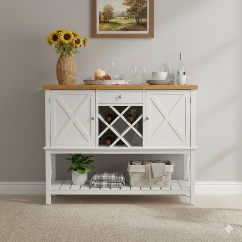 Combinaison de bar et de console avec deux portes et un tiroir, station de café, support à vin, table d'entrée avec tablette de rangement, buffet pour la cuisine, le couloir, la salle à manger ou le salon, en blanc